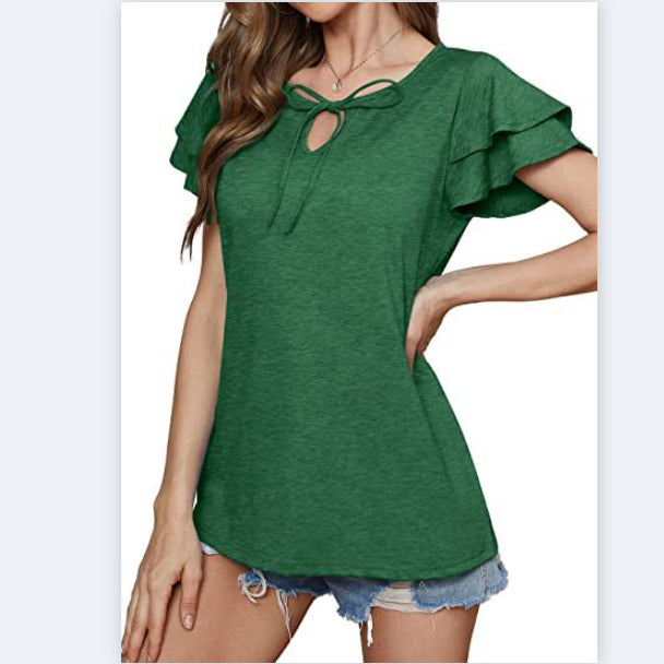 Casual Solid Color V-Neck Tie With Ruffle Sleeve T-Shirt Wholesale Women'S Top