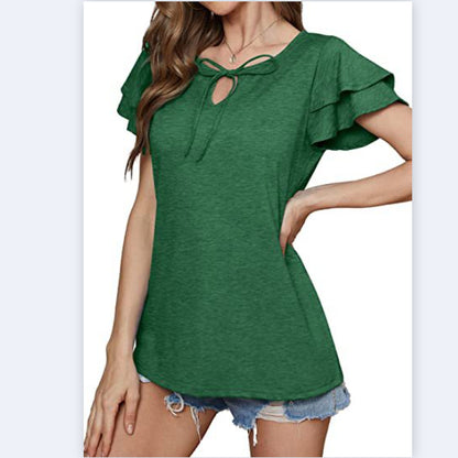 Casual Solid Color V-Neck Tie With Ruffle Sleeve T-Shirt Wholesale Women'S Top