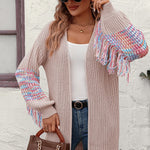Fashion Colour Block Fringed Long Knitted Cardigan Jacket Wholesale Womens Clothing