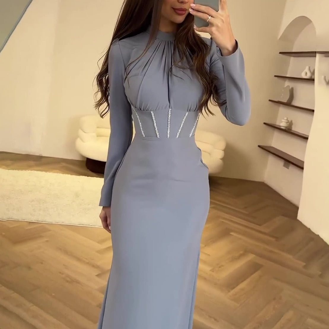 Women's Slim Long Sleeve Pleated Strap Irregular Maxi Dresses Wholesale Womens Clothing N3823122100003