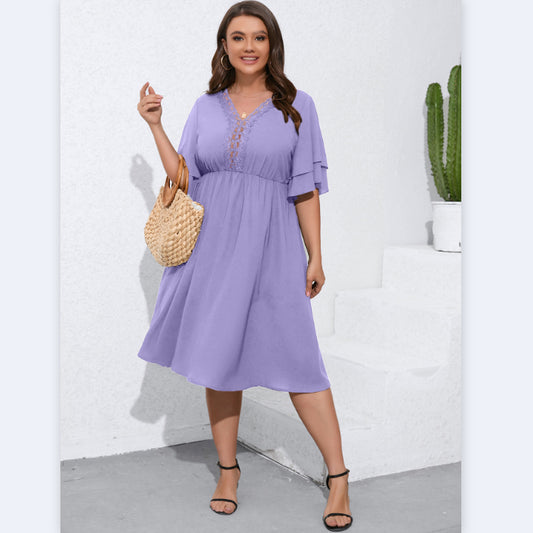 Wholesale Plus Size Womens Clothing Flared Sleeves Cutout V-Neck Slim Fit Dress