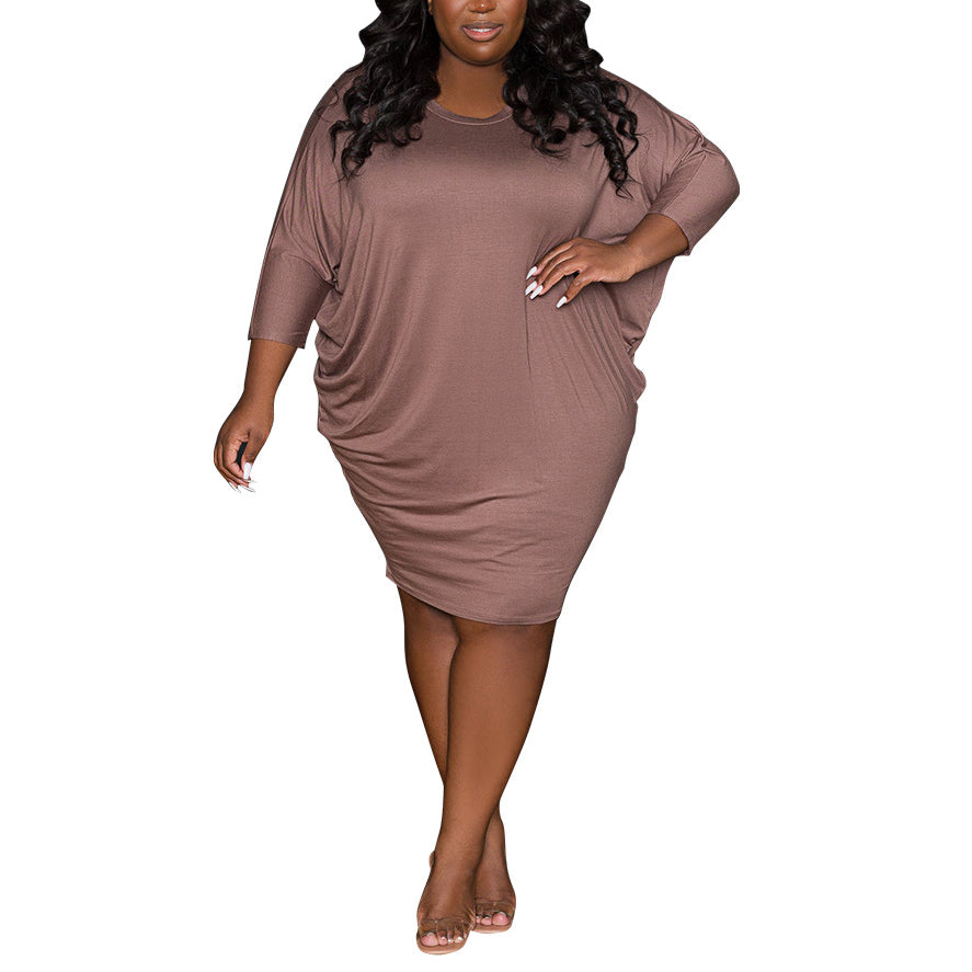 Solid Color Pleated Round Neck Loose Dress Wholesale Plus Size Womens Clothing N3823100900029