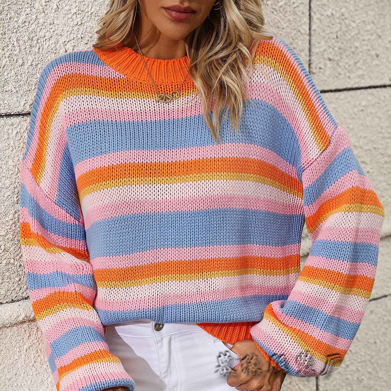 Spliced Knitted Sweater Loose Intercolor Round Neck Striped Wholesale Womens Clothing N3823082600021