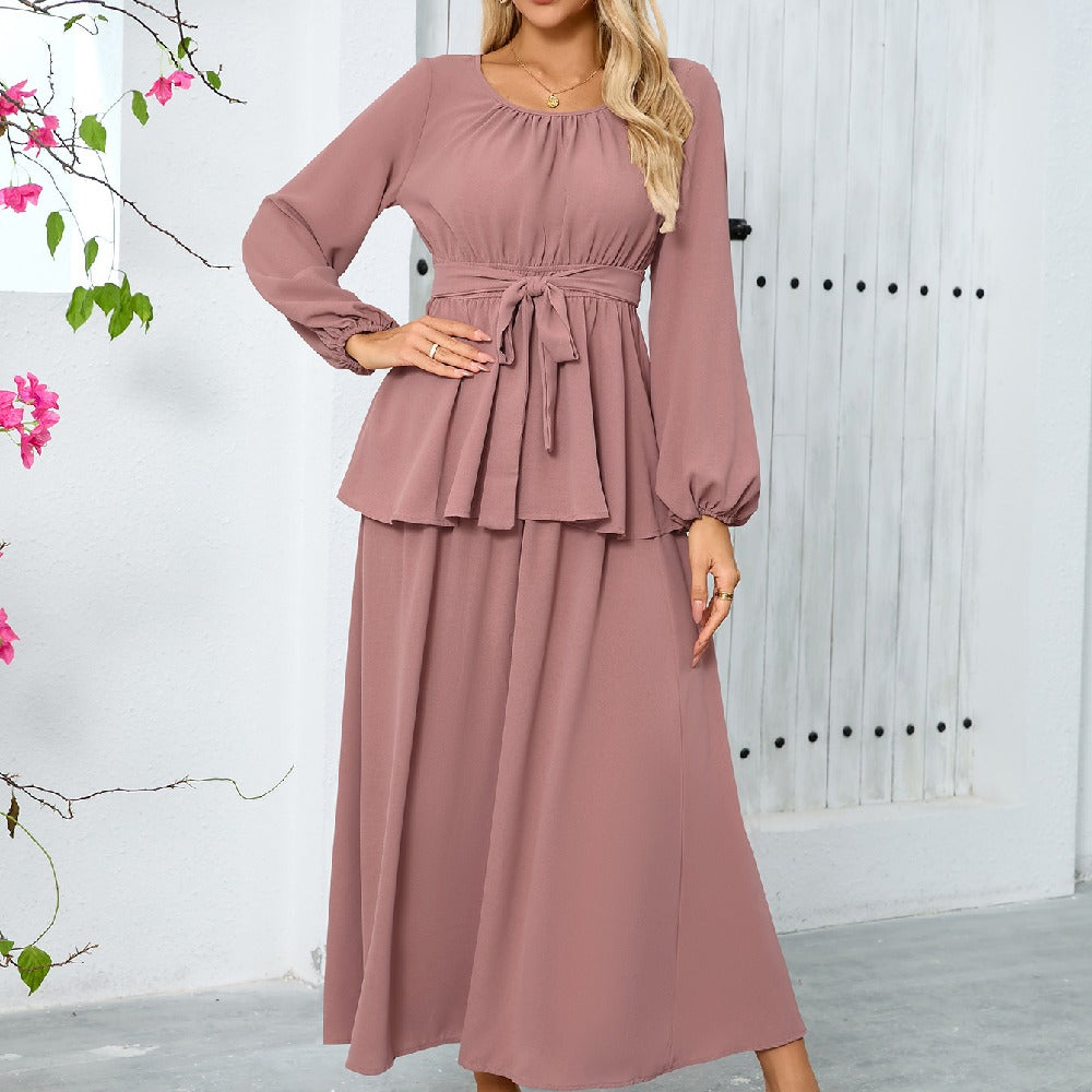 Elegant Round Neck Lantern Long Sleeve Tops Skirts 2-Piece Set Wholesale Womens Clothing N3824082300048