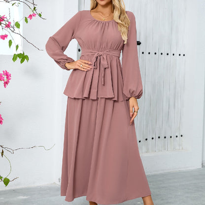 Elegant Round Neck Lantern Long Sleeve Tops Skirts 2-Piece Set Wholesale Womens Clothing N3824082300048