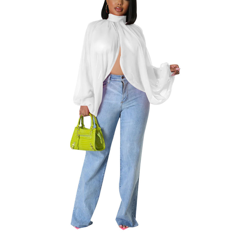 Shawl Tie Solid Color Chiffon Shirt Dolman Sleeve Top Wholesale Womens Clothing N3823103000093