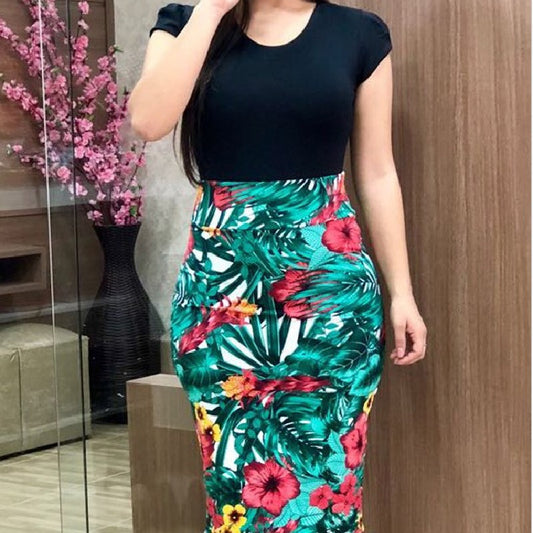 Fashion Colorblocking Floral Print Round Neck Hip Dresses Wholesale Dresses