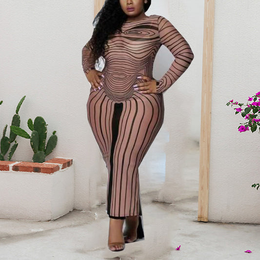 Wholesale Plus Size Clothing Long Sleeve Striped Round Neck Skinny One Step Dress