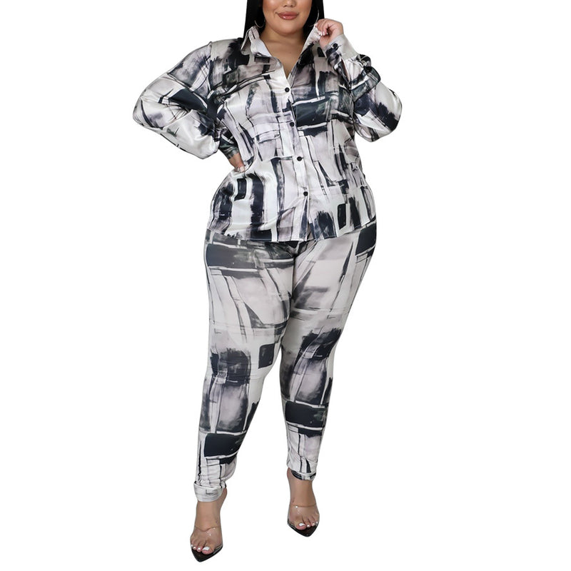Glossy Long-Sleeved Shirt And Trousers Two-Piece Set Wholesale Plus Size Womens Clothing N3823100900034