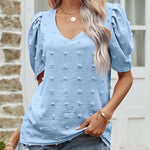 Women's V-neck Short Sleeve T-Shirt Puff Sleeve Casual Top Wholesale Womens Clothing N3824010500023