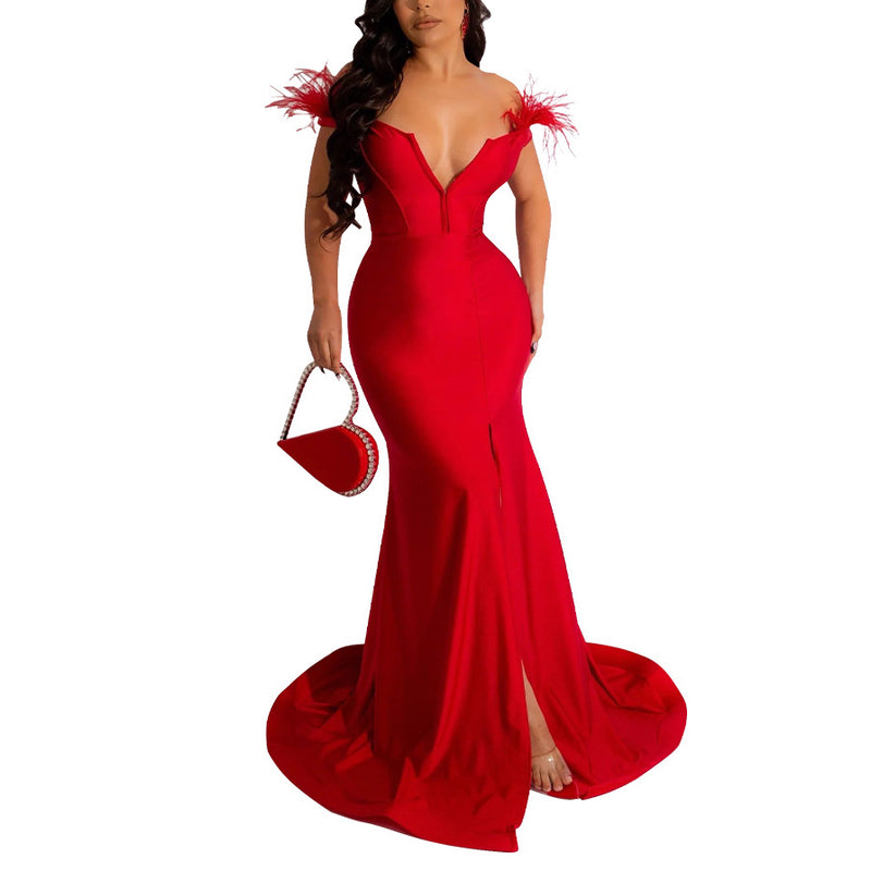Solid Color V Neck Sleeveless Slit Trailing Dress Wholesale Womens Clothing N3823103000074