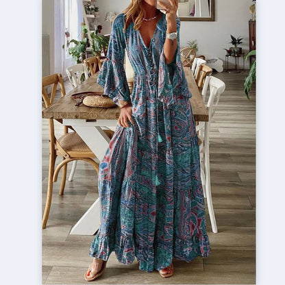 Bohemian Trumpet Sleeve Printed Low-Cut Tassel Dress Wholesale Dresses N4623051700085