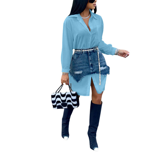 Fashion Denim Skirt Combination Long Sleeve Shirt Dress Wholesale Dresses