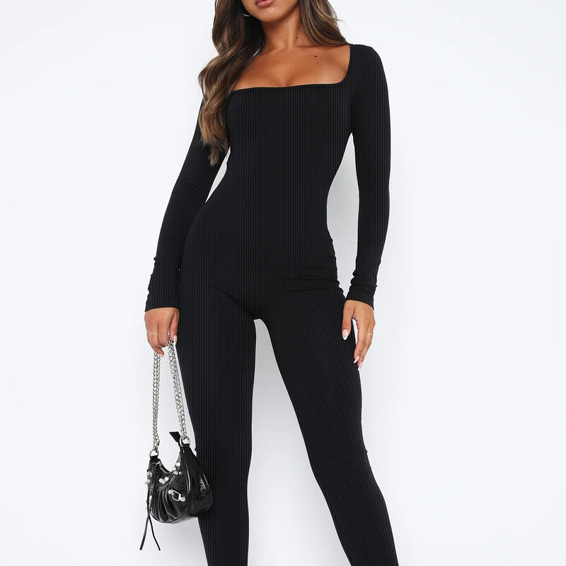 Solid Color Long Sleeve Ribbed Square Neck Backless Athletic Jumpsuit Wholesale Womens Clothing N3823112200041