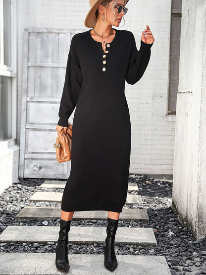 Fashion Solid Colour Long Sleeve Button Down Knit Dress Wholesale Dresses