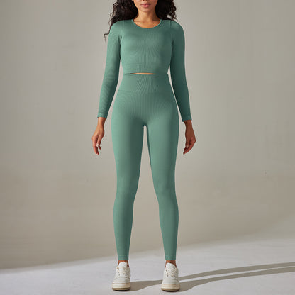 Seamless Solid Color Thread High Waist Tight Long Sleeve Suit Wholesale Womens Clothing