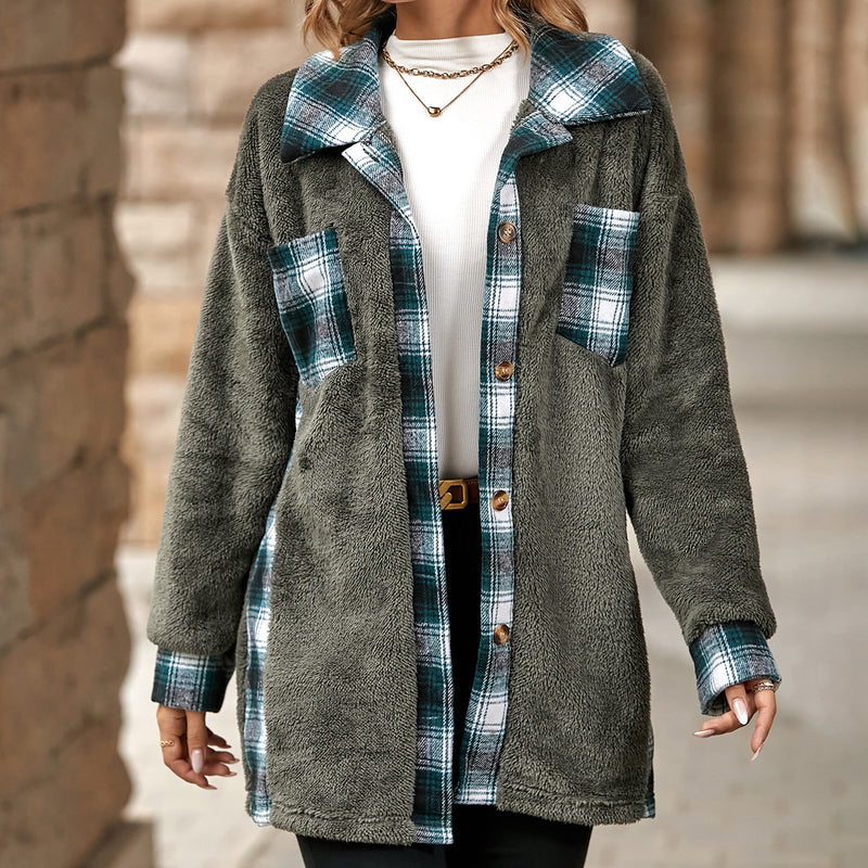 Single-Breasted Lapel Mid-Length Plaid Plush Coats Wholesale Womens Clothing N3823111600018