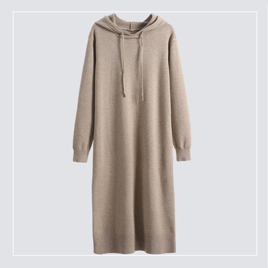 Loose Drawstring Solid Color Hooded Knitted Sweater Dress Wholesale Dresses