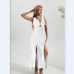 Solid Color Ruffled Slit Dress Bikini Three Piece Set Wholesale Women'S Clothing