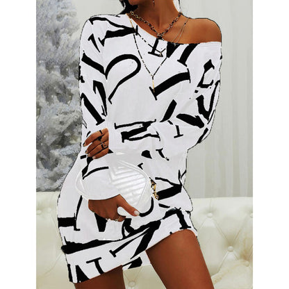 Sexy Digital Print Long Sleeve Round Neck Short Dress Wholesale Dresses