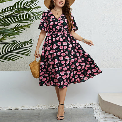 Fashion Short-Sleeved V-Neck Floral Print Waist-Skimming Dress Wholesale Plus Size Clothing