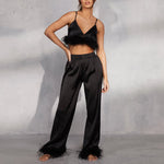 Feather Suspenders Crop Tops High Waist Straight Pants Niche Two-Piece Wholesale Womens Clothing