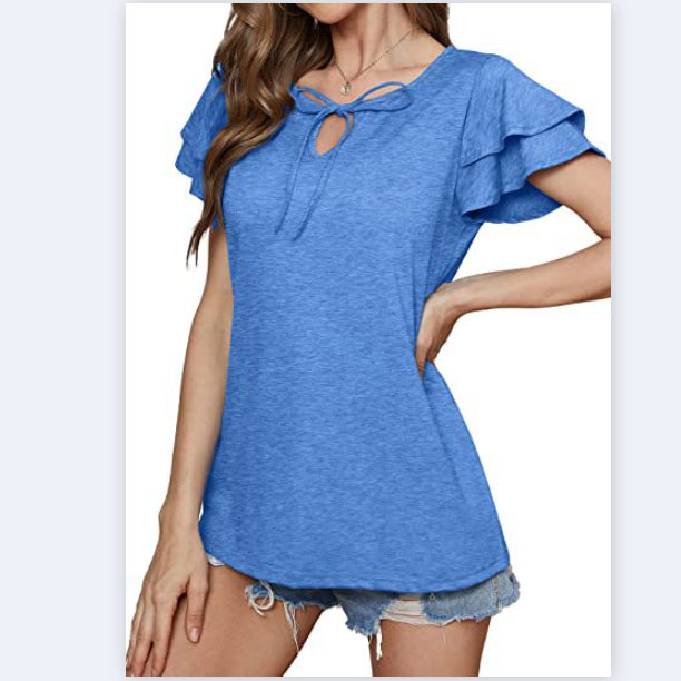 Casual Solid Color V-Neck Tie With Ruffle Sleeve T-Shirt Wholesale Women'S Top