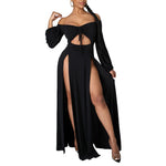 Wholesale Plus Size Womens Clothing Off-Neck Solid Color Hollow Slit Mid-Waist Dress