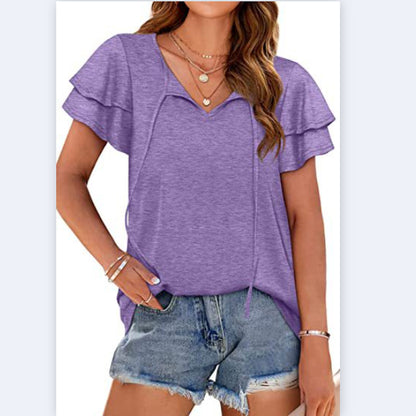 Casual Solid Color V-Neck Tie With Ruffle Sleeve T-Shirt Wholesale Women'S Top