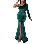 Slant Neck Pleated Slit Solid Color Train Dress Wholesale Womens Clothing N3823103000087