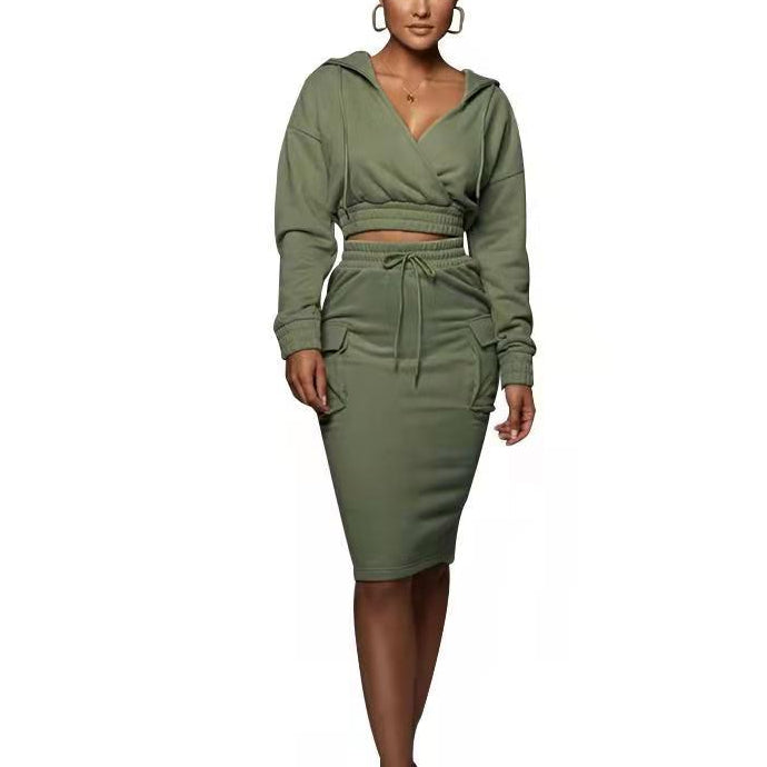 Solid Color V-Neck Hooded Midi Skirt Casual Sweater Set Wholesale Womens 2 Piece Sets N3823103000048