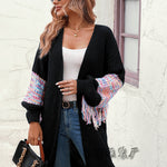 Fashion Colour Block Fringed Long Knitted Cardigan Jacket Wholesale Womens Clothing