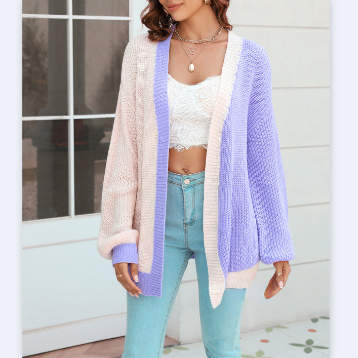 Lantern Sleeve Loose Color Block Knit Cardigan Wholesale Women'S Top