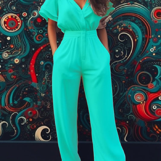 Temperament Solid Color Short Sleeve V-Neck Mid Waist Straight Leg Jumpsuit Wholesale Jumpsuits