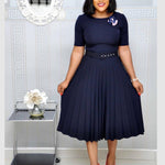 Round Neck Midi Pleated Dress Wholesale Plus Size Womens Clothing N3823112300125
