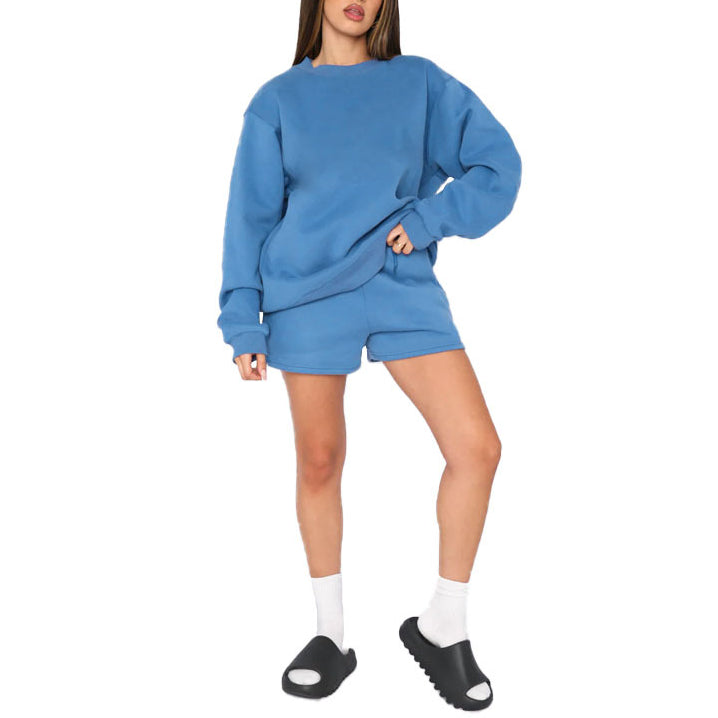 Solid Color Round Neck Pullover Long Sleeve Sweatshirt Shorts Set Wholesale Womens Clothing N3823103000014