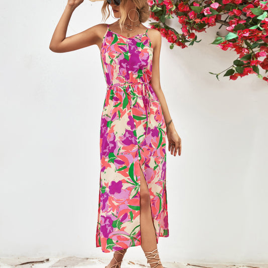 Sling Strapless Printed Slit Slim Bright Summer Dress Wholesale Dresses