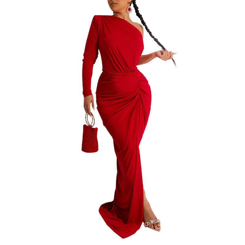 One-Shoulder Pleated Solid Color Maxi Dresses Wholesale Womens Clothing N3823103000099