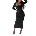 Sexy Women's Long Sleeve Square Neck Slim Fit Back Slit Dress Wholesale Womens Clothing N3823103000077