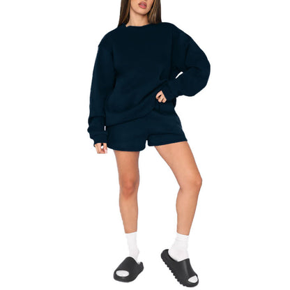 Solid Color Round Neck Pullover Long Sleeve Sweatshirt Shorts Set Wholesale Womens Clothing N3823103000014