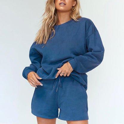 Solid Color Crew Neck Fleece Sweatshirt And Shorts Wholesale Womens 2 Piece Sets N3823103000036