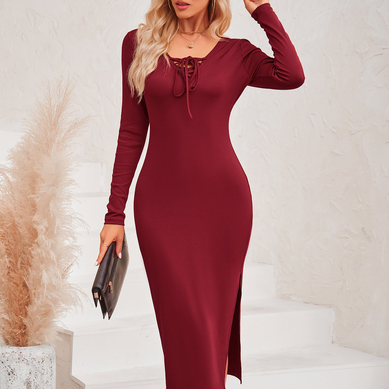 Long Sleeve Slim Slit Solid Color Tie Knitted Dress Wholesale Dresses