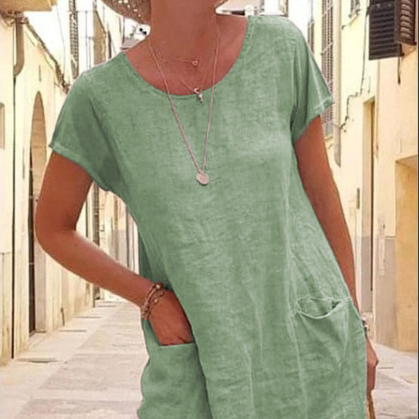 Casual Solid Color Casual Pocket Cotton Linen Dress Wholesale Womens Clothing N3823072600068