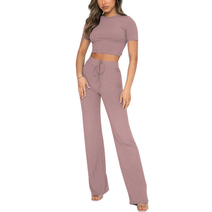 Solid Color High-Elastic Ribbed Cropped Tops And Wide-Leg Pants Two-Piece Set Wholesale Womens Clothing N3823103000015