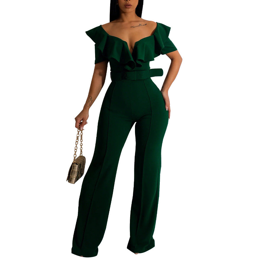 V Neck Ruffled Sexy Waist Jumpsuit Wholesale Womens Clothing N3823103000103