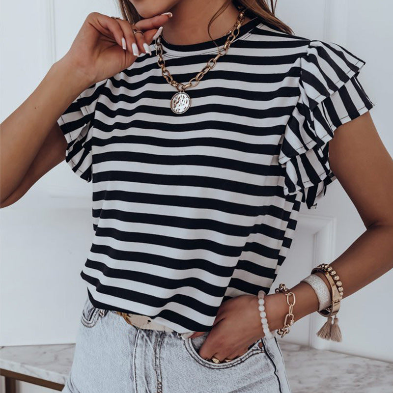 Striped Casual Pullover Slim-Fit Ruffled Short-Sleeved T-Shirt Wholesale Women'S Top