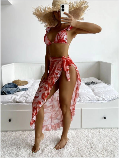 Printed Sexy Split Bikini & Frilled Beachwear Coverup 3pcs Sets Womens Swimsuit Wholesale Vendors