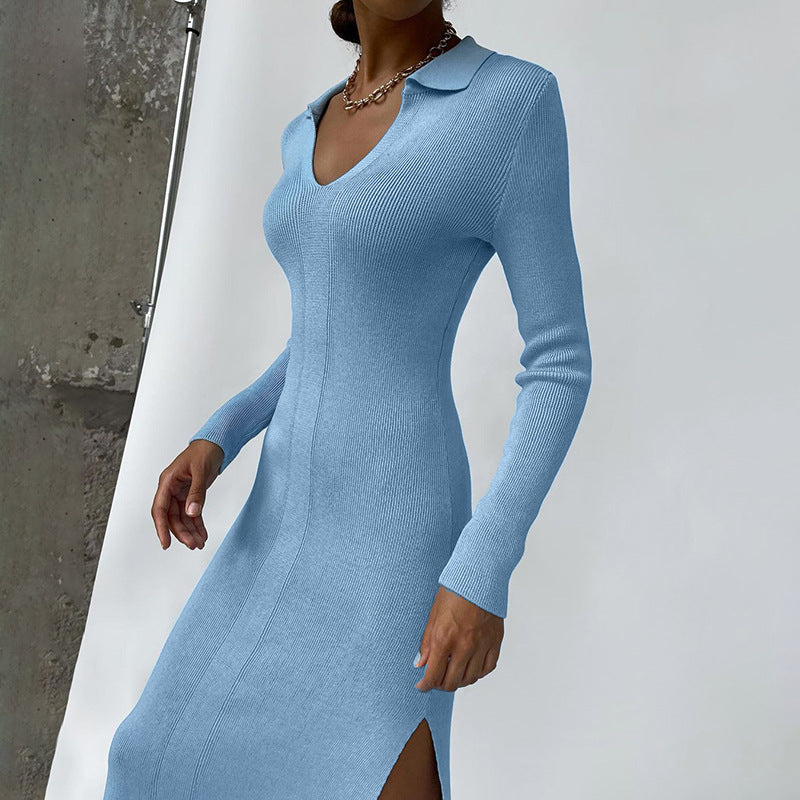 V-Neck Knitted Dress Bodycon Casual Style Wholesale Clothing