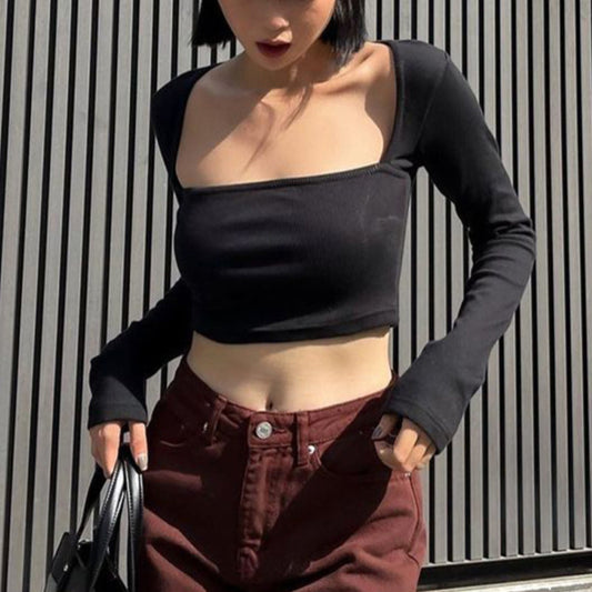 Sexy Square Collar Slim Tops Solid Color Long Sleeve Wholesale Crop Tops