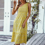Floral Print Fashion Slanted Shoulder Mid-Length Ruffled Dress Vacation Wholesale Dresses